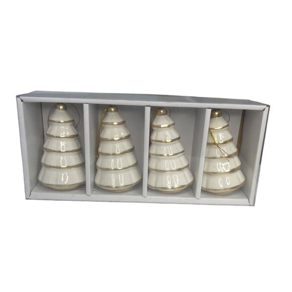 Set of 4 Holiday Style Ceramic Christmas Tree Ornaments Gold White 2.5" X 4" New - Picture 1 of 5